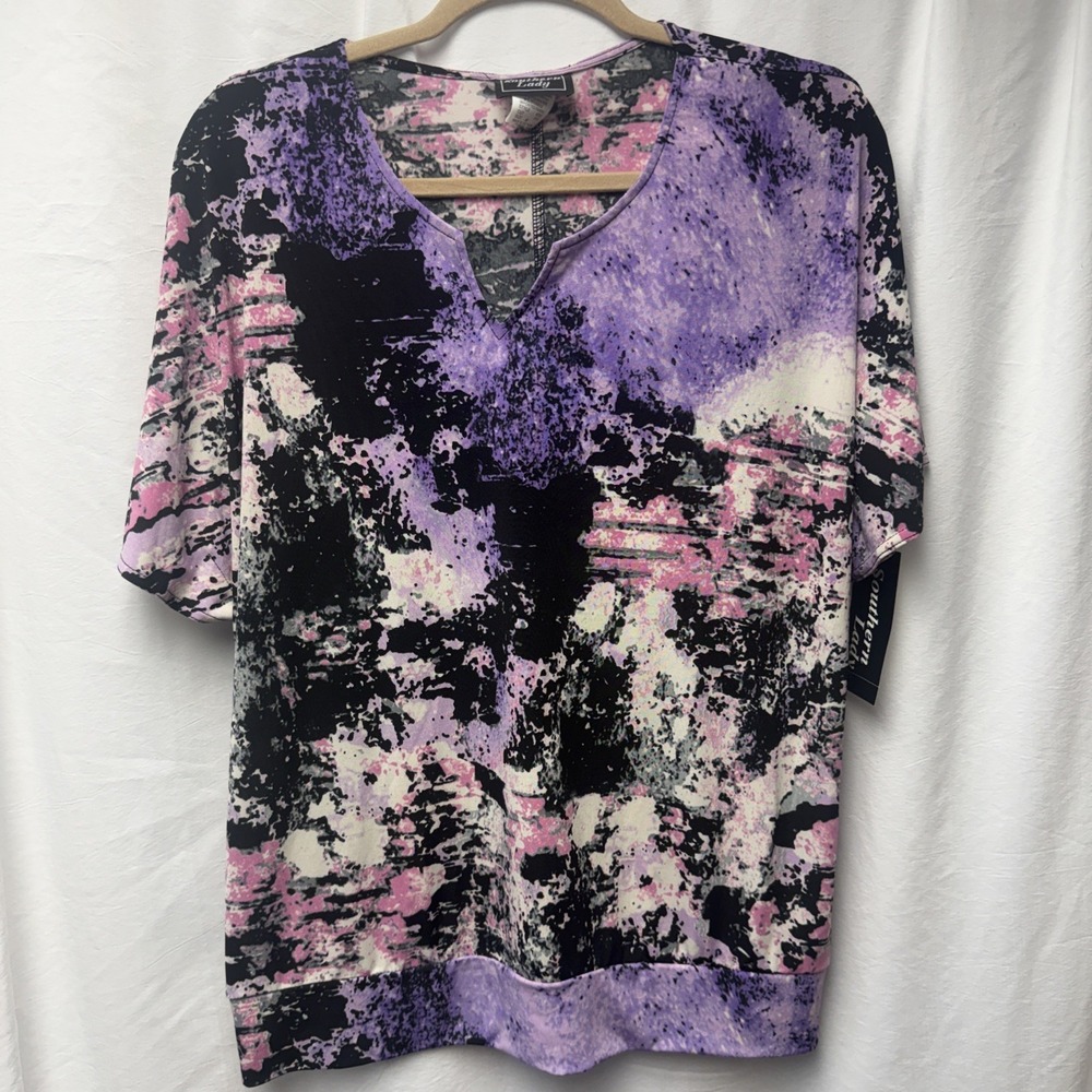 Southern Lady Purple Black White Dressy Stretch Shirt NWT Med